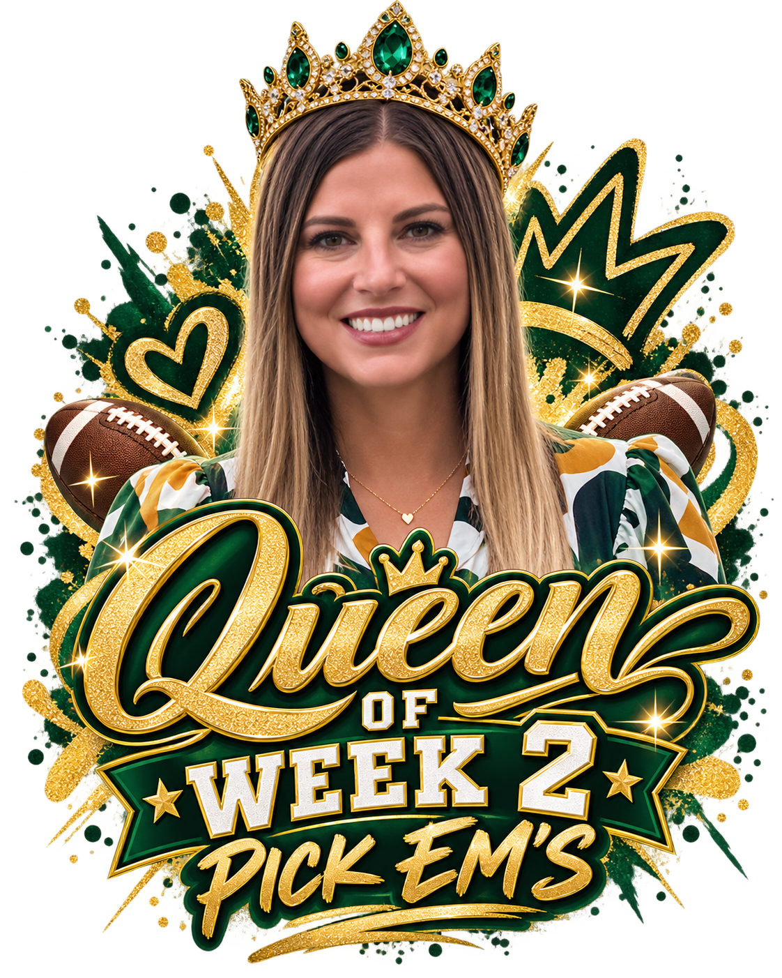 Megan wearing a crown in a green and gold Queen of Week 2 Pick Em’s graphic
